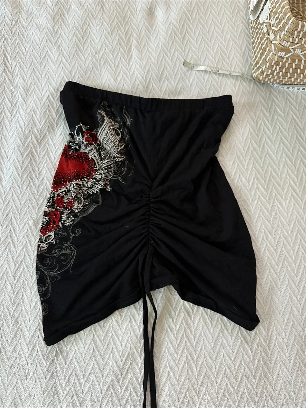 Black Strapless Top with Red Heart Wing Graphic